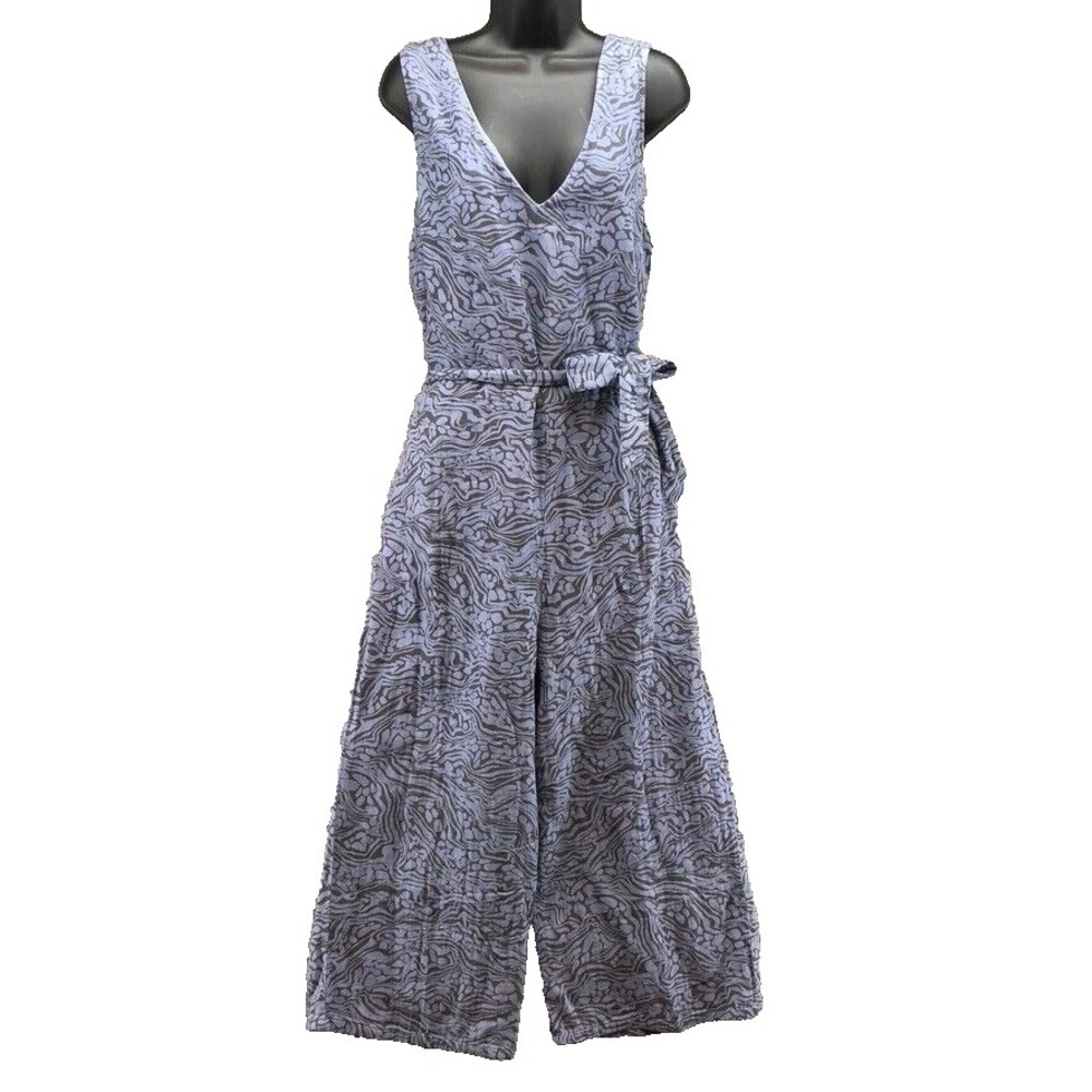 Calme Easy V Neck Jumpsuit Womens XL Blue Cotton Cropped Comfort Vacation Resort